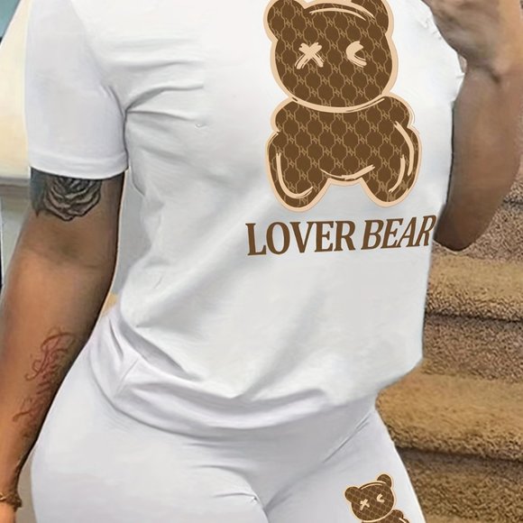 Cartoon Bear Print Casual Two-piece Crew Neck Short Sleeve T-shirt & Slim Set - Picture 2 of 7